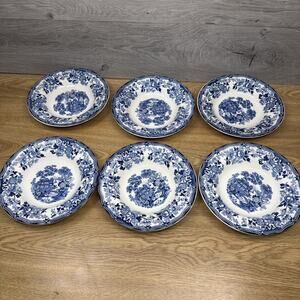 1930s Royal Staffordshire Tonquin Blue Clarice Cliff 7-7/8” Rimmed Soup Bowl 6Pc